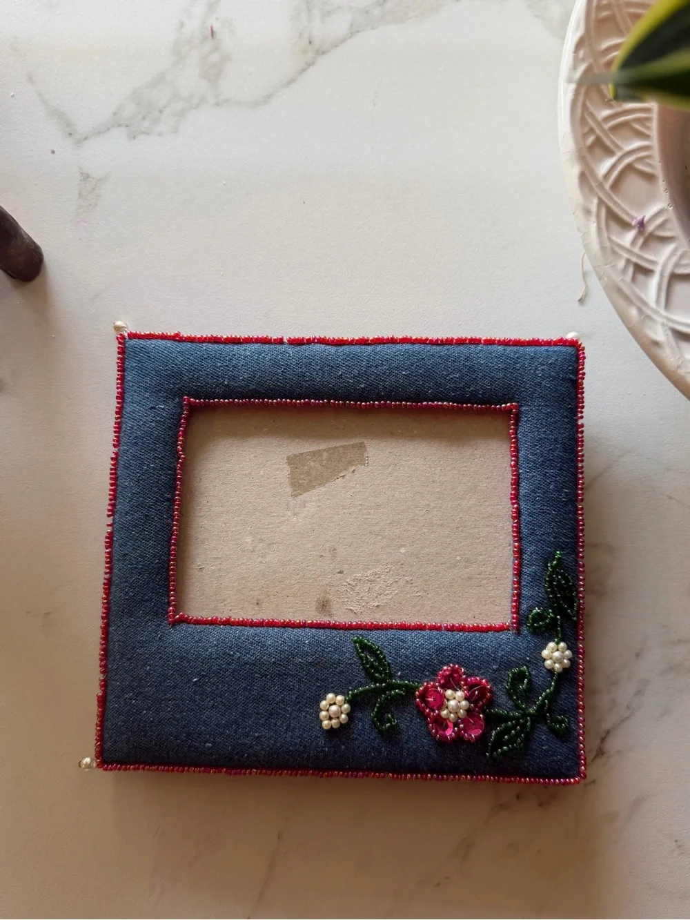 Handcrafted Blue Denim Photo Frame with Pink Beaded Flower